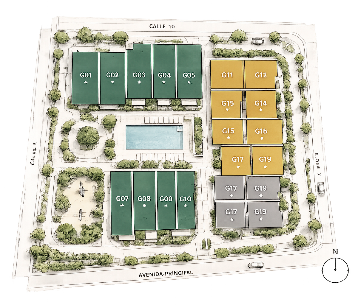 Mapa interactivo de disponibilidad de unidades — verde disponible, amarillo apartado, gris vendido