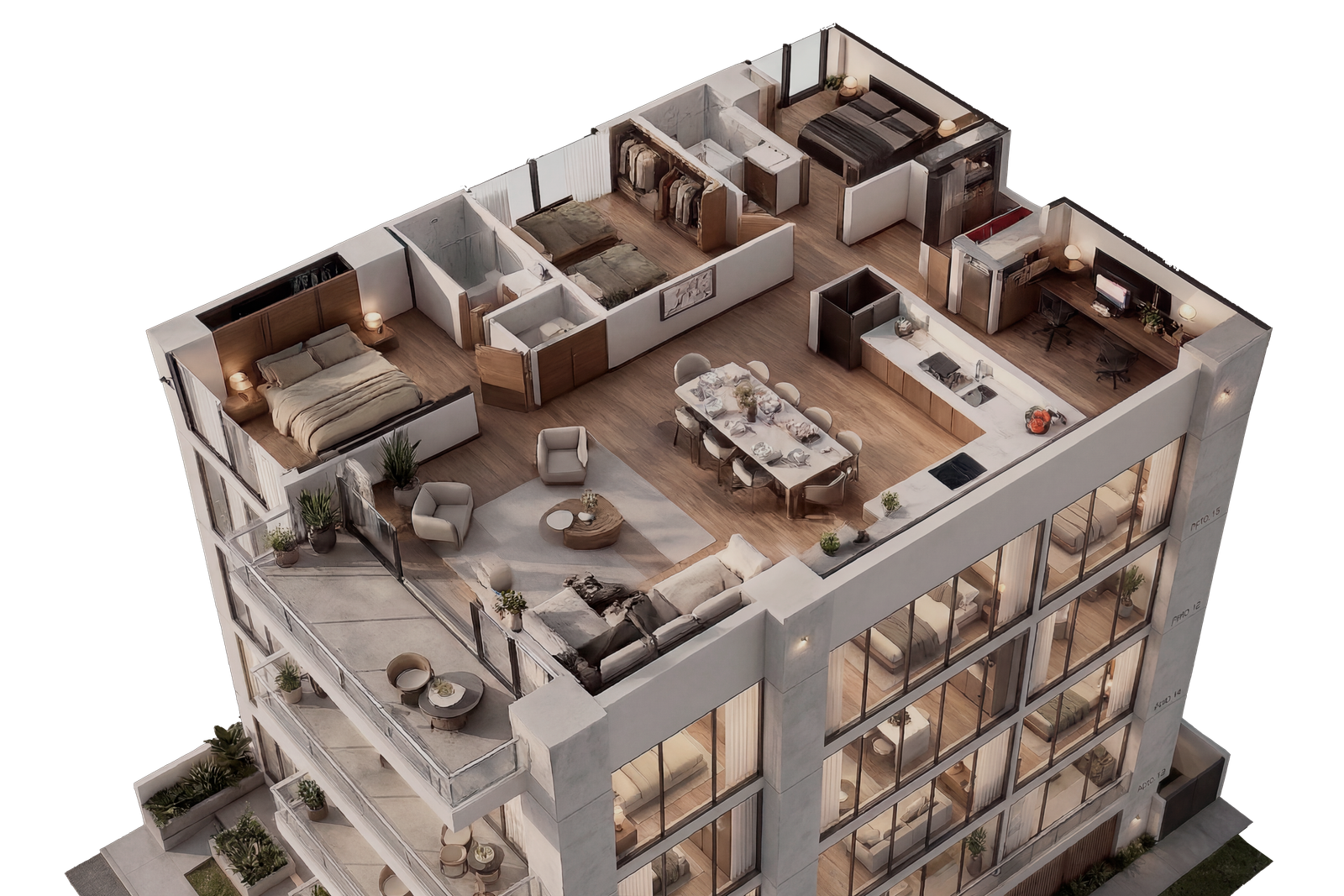 Vista 3D interactiva de planta arquitectónica — exploración de espacios del proyecto inmobiliario